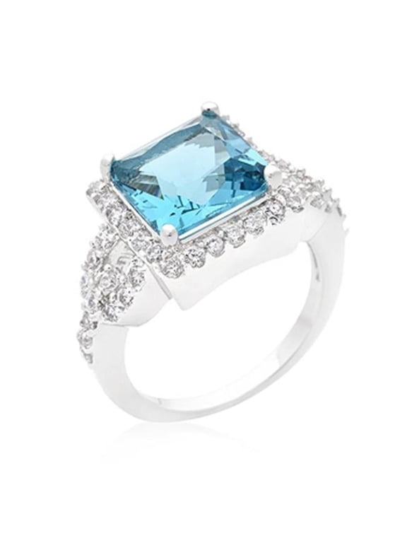 Halo Style Princess Cut Aqua Blue Cocktail Ring - Size 07