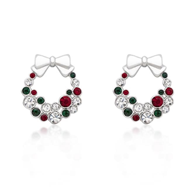 Kate Bissett  Holiday Wreath Colored Crystal Earrings - Red Green Clear