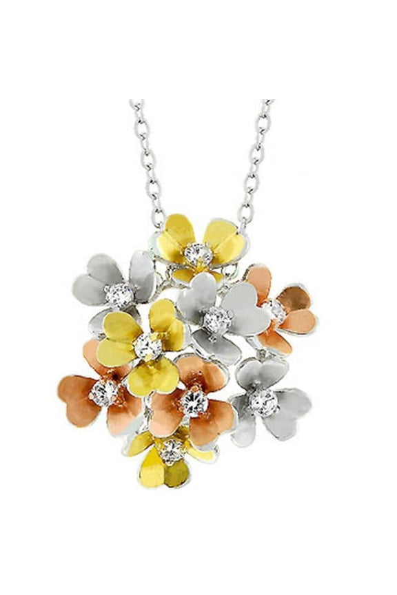 P20079T-V01 14k Gold- 14k Rose Gold- and Genuine Rhodium Plated Bouquet Pendant Made up of Rose Golden- Golden- and Silver Flowers with Round Clear CZ in the Center of Each in Silvertone