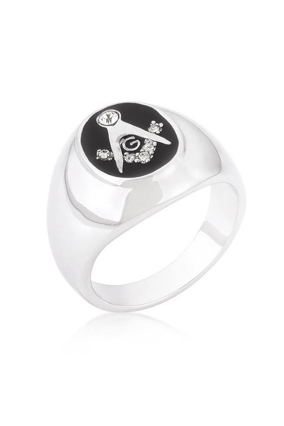 R05515R-V01-12 Silvertone Onyx Cubic Zirconia Masonic Ring- Size - 12