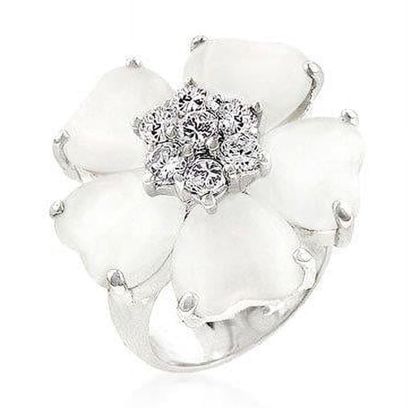 Kate Bissett R07167R-C93-05 Genuine Rhodium Plated Floral Ring with Prong Set Cats Eye CZ and Round Cut Clear CZ Center Stone in Silvertone- Size 5