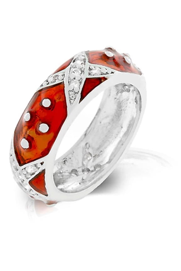 R07807R-V03-06 Rhodium and Ruby Red Hand Applied Enamel Set Over a Fine Jewelers Metal- Handset Clear CZs