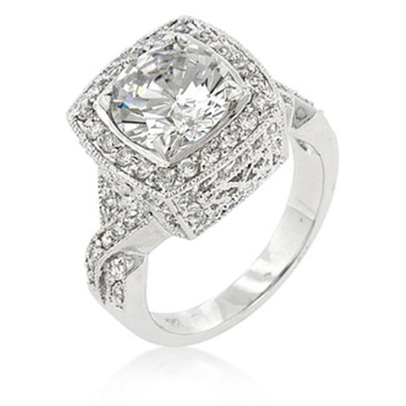 Kate Bissett R07919R-C01-08 Genuine Rhodium Plated Classic Style Ring with Filigree accent and Prong Set Clear CZ in Silvertone - Size 8