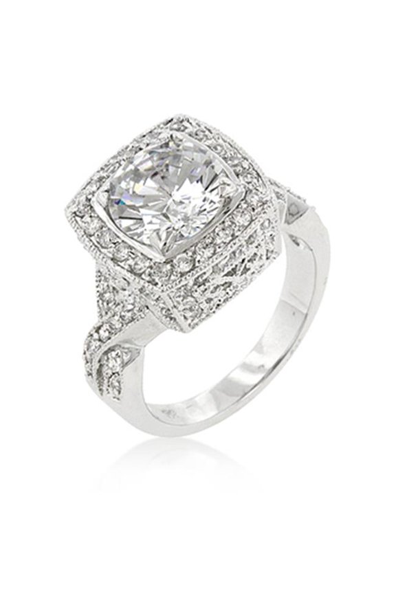 R07919R-C01-08 Genuine Rhodium Plated Classic Style Ring with Filigree accent and Prong Set Clear CZ in Silvertone - Size 8