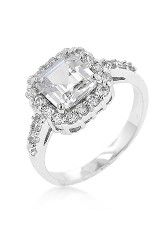 R07954R-C01-09 White Gold Rhodium Anniversary Style CZ Showcase Ring featuring Princess Cut Center CZ with Pave Round CZ Trim - Size 9