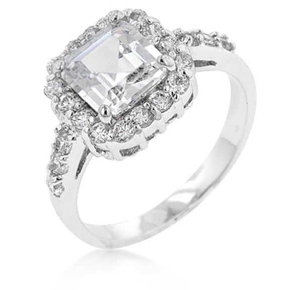 Kate Bissett R07954R-C01-10 White Gold Rhodium Anniversary Style CZ Showcase Ring featuring Princess Cut Center CZ with Pave Round CZ Trim - Size 10