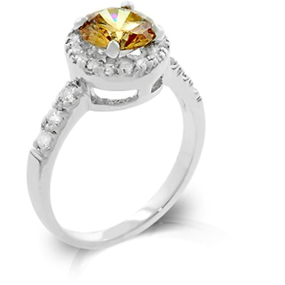 Kate Bissett R08024R-C72-06 White Gold Rhodium with Pave Round Cut Clear CZ Flanking a Large Champagne Round Cut Centerpiece- Fashion Ring in Silvertone - Size 6