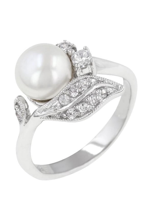 R08084R-C84-05 Genuine Rhodium Plated Antique Style Ring with White Pearl and Round Cut Clear CZ in a Prong Setting in Silvertone- Size 5