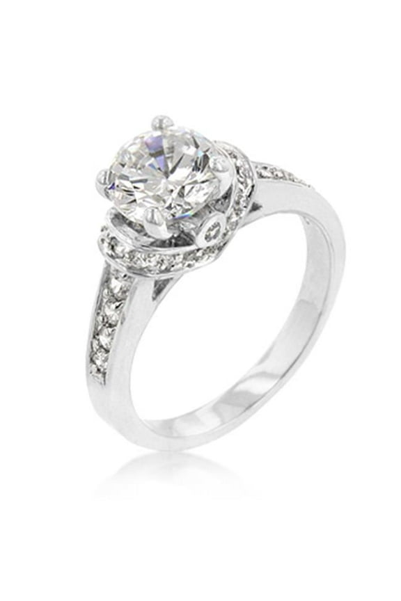 R08088R-C01-10 Genuine Rhodium Plated Engagement Ring with Prong Set Clear CZ Centerstone and Accent Stones in Silvertone - Size 10