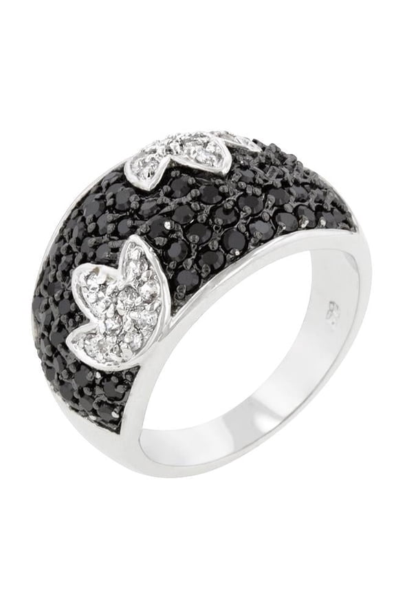 R08113T-C03-05 Genuine Rhodium Plated Cocktail Ring with Round Cut Clear CZ and Round Cut Black Onyx in a Pave Setting in Silvertone- Size 5