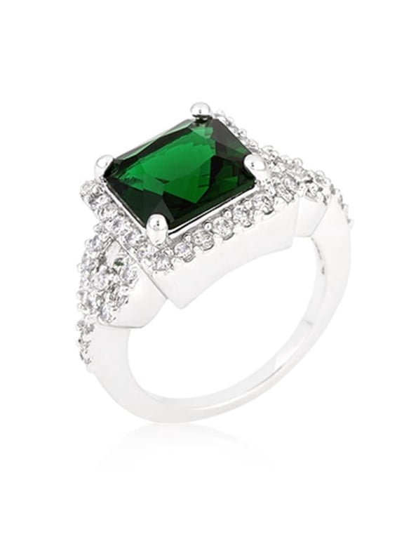 R08352R-C40-09 Halo Style Princess Cut Emerald Green Cocktail Ring, Size 09