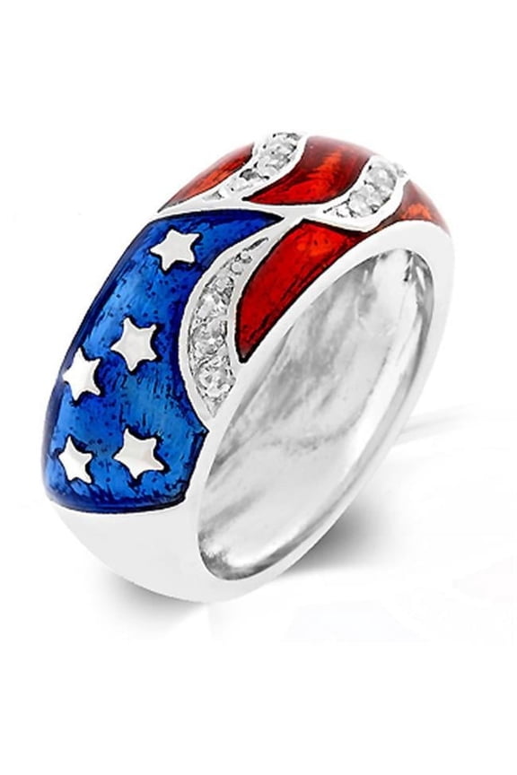 White Gold Rhodium American Flag Enamel Ring with Red and Blue Enamel and Silvertone - Size 5