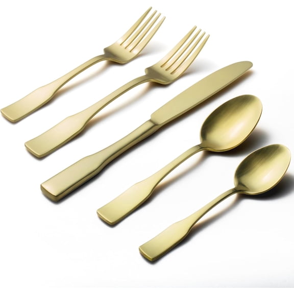 Kate Champagne Gold Satin 40-Piece Silverware Set, Service for 8, Stainless Steel Flatware Set, Matte Polished Cutlery Set, Dishwasher Safe