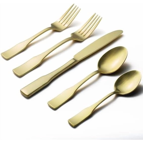 Kate Champagne Gold Satin 40-Piece Silverware Set, Service for 8, Stainless Steel Flatware Set, Matte Polished Cutlery Set, Dishwasher Safe