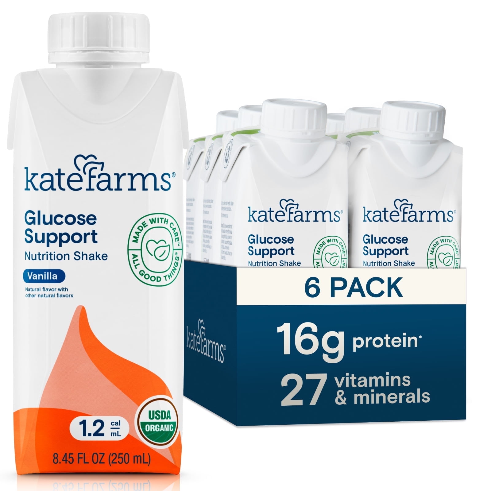 Kate Farms Organic 1.2 Glucose Support Shake for Adults, Vanilla, 16g Protein, Diabetic Nutrition Meal Replacement, 8.45 oz (6 Pack)
