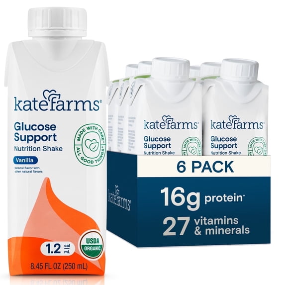 Kate Farms Organic 1.2 Glucose Support Shake, Vanilla, 16g Protein, 8.45 fl oz (6 Pack)