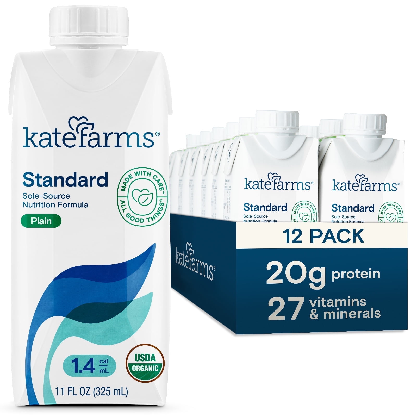 Kate Farms Organic 1.4 High Calorie Adult Nutrition Shake, Plain, 20g Protein, 27 Vitamins and Minerals, Meal Replacement, 11 oz (12 Pack)