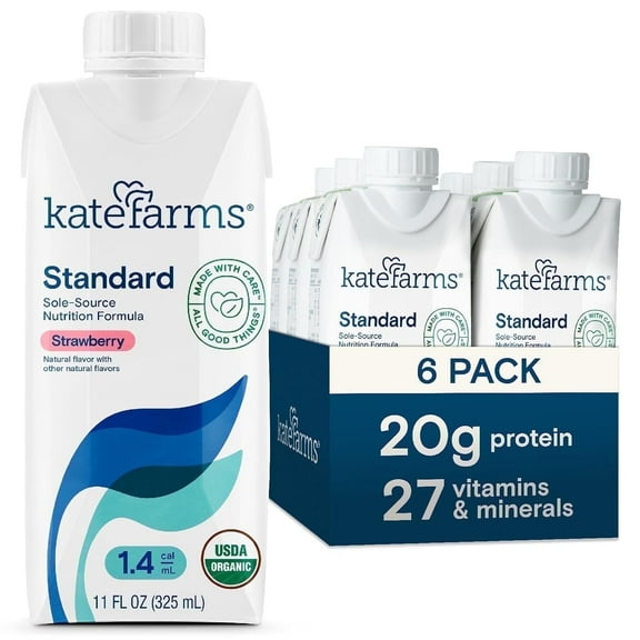 Kate Farms Organic 1.4 High Calorie Adult Nutrition Shake, Strawberry, 20g Protein, 27 Vitamins and Minerals, Meal Replacement, 11 oz (6 Pack)