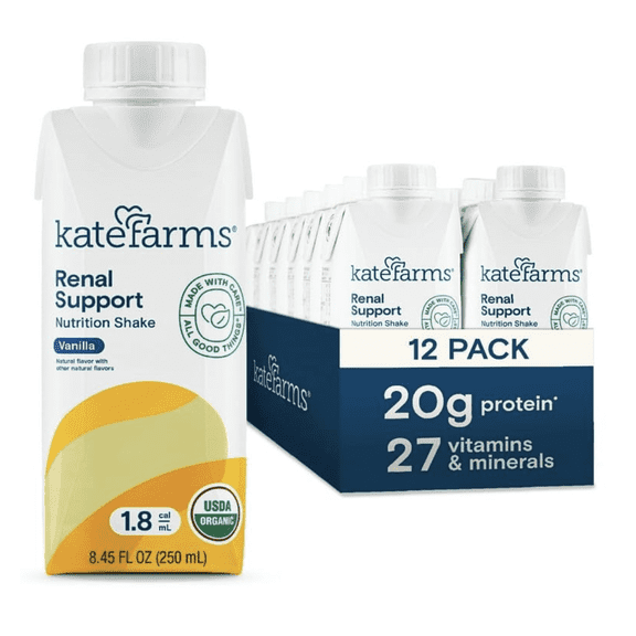 Kate Farms Organic 1.8 Renal Support Shake, Vanilla, 20g Protein, 8.45 fl oz (12 Pack)