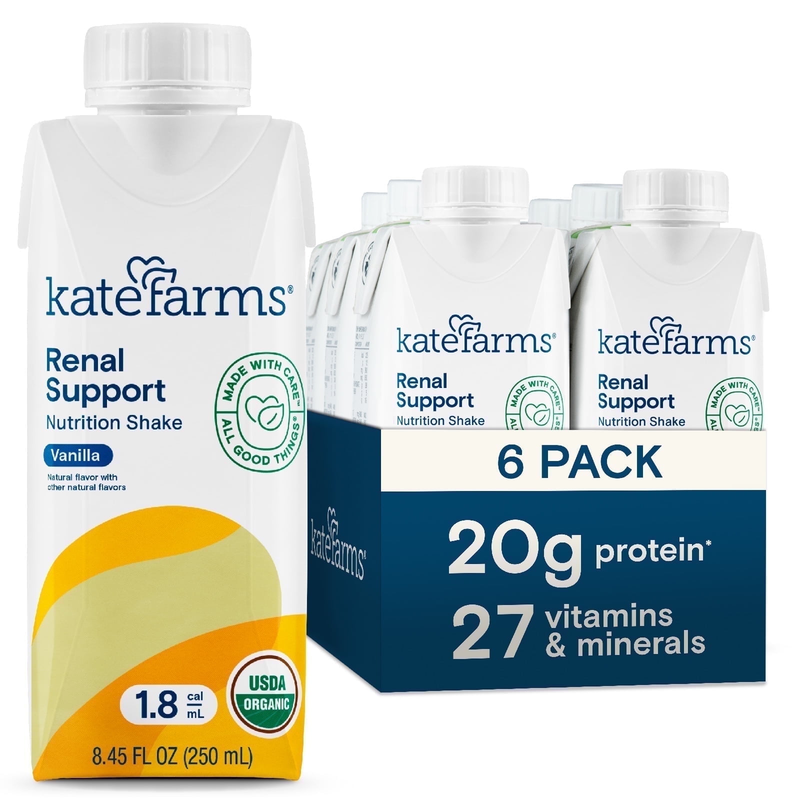 Kate Farms Organic 1.8 Renal Support Shake for Adults, Vanilla, 20g Protein, Specialized Dialysis Nutrition Support, 8.45 fl oz (6 Pack)