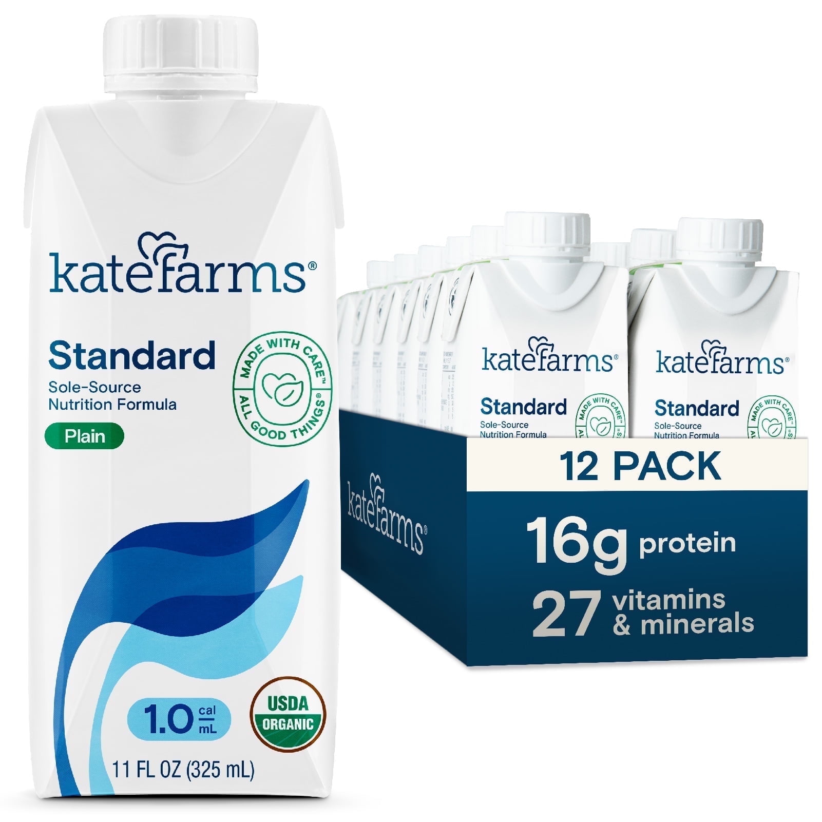 Kate Farms Organic Adult 1.0 Nutrition Shake, Unflavored Plain, 16g protein, 27 Vitamins and Minerals, 11 oz (12 Pack)