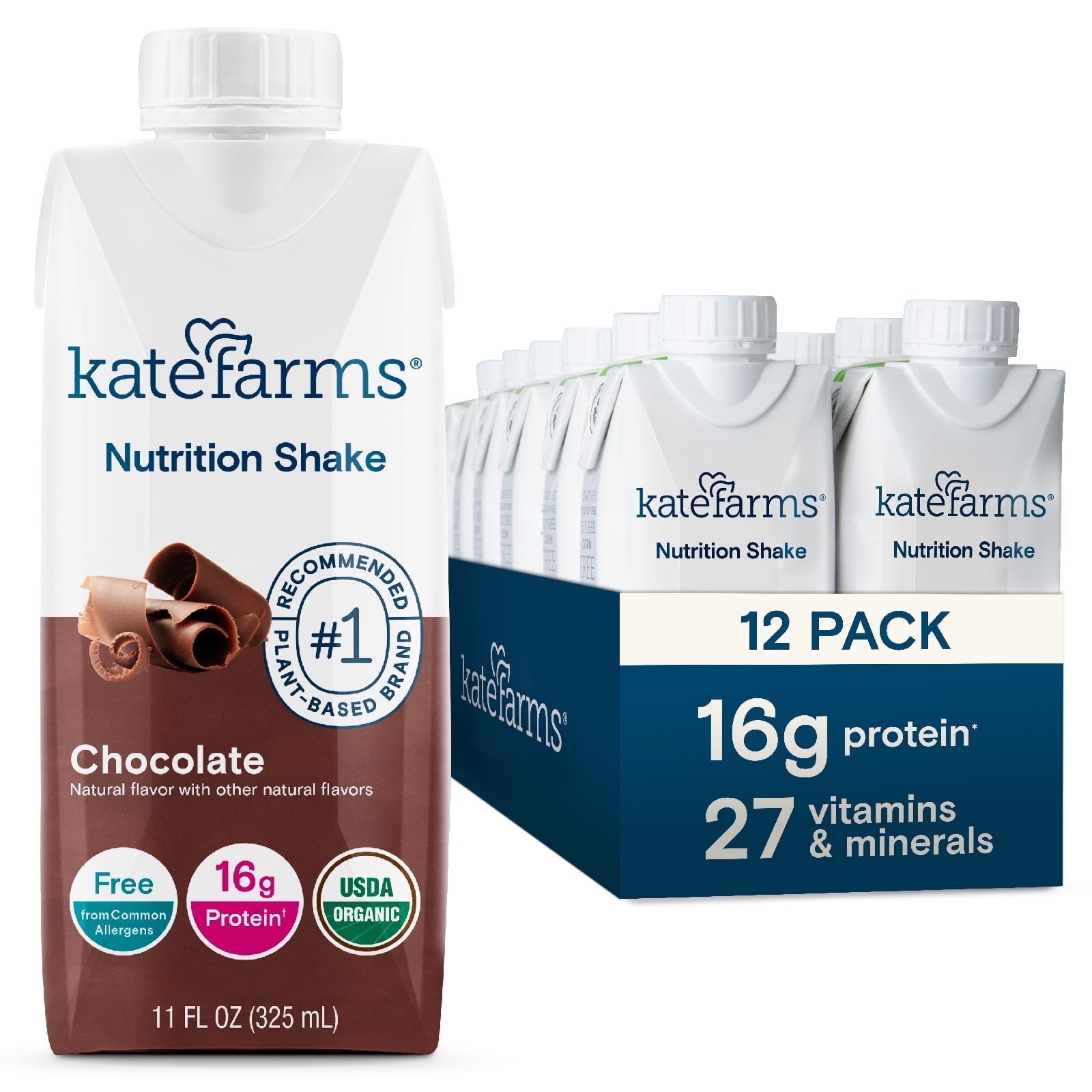Kate Farms Organic Adult Nutrition Shake, Chocolate, 16g protein, 27 Vitamins and Minerals, 11 oz (12 Pack)