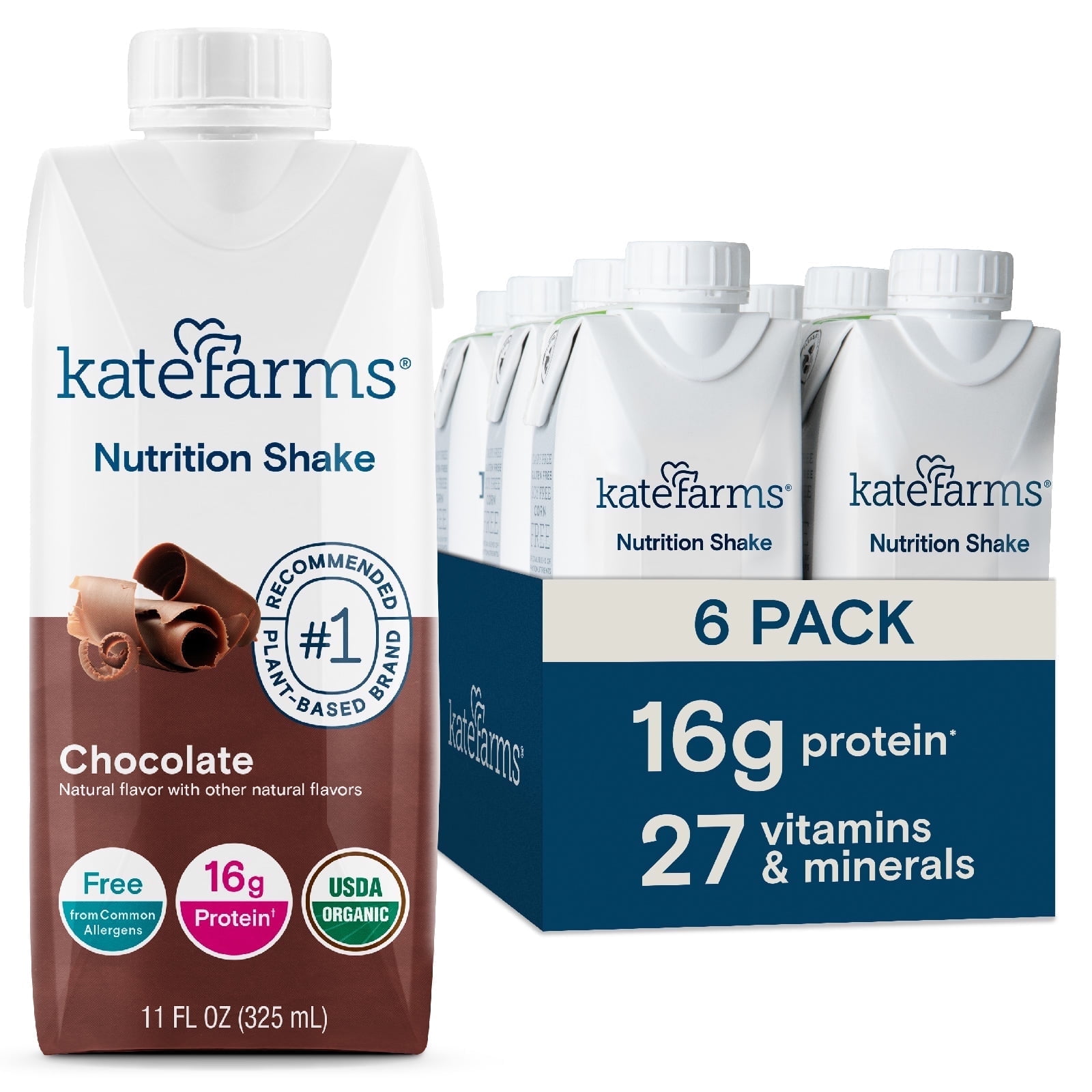 Kate Farms Organic Adult Nutrition Shake, Chocolate, 16g protein, 27 Vitamins and Minerals, 11 oz (6 Pack)