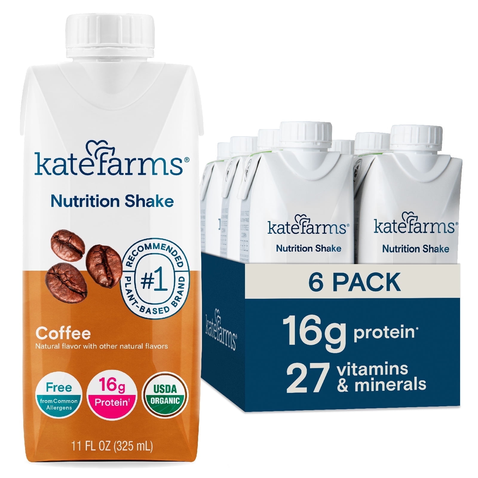 Kate Farms Organic Adult Nutrition Shake, Coffee, 16g protein, 27 Vitamins and Minerals, 11 oz (6 Pack)