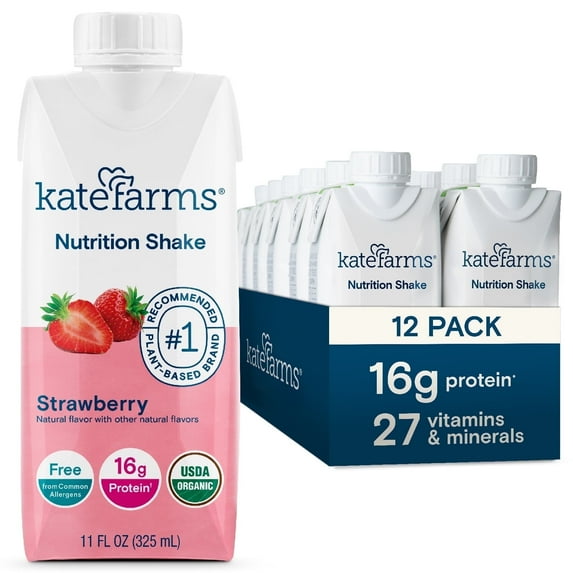 Kate Farms Organic Adult Nutrition Shake, Strawberry, 16g protein, 27 Vitamins and Minerals, 11 oz (12 Pack)