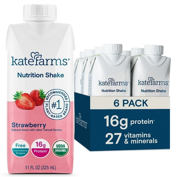Kate Farms Organic Adult Nutrition Shake, Strawberry, 16g protein, 27 Vitamins and Minerals, 11 oz (6 Pack)