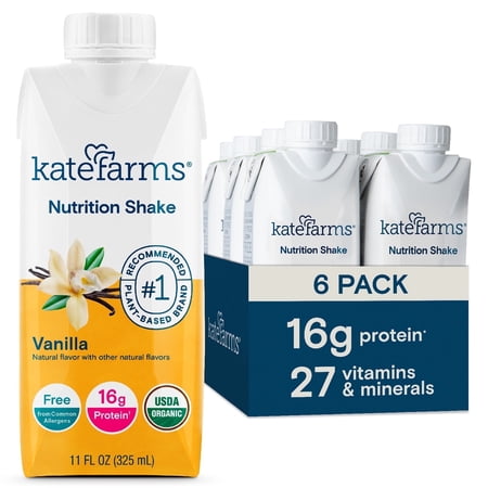 Kate Farms Organic Adult Nutrition Shake, Vanilla, 16g Protein, 27 Vitamins & Minerals, 11 fl oz (6 Pack)