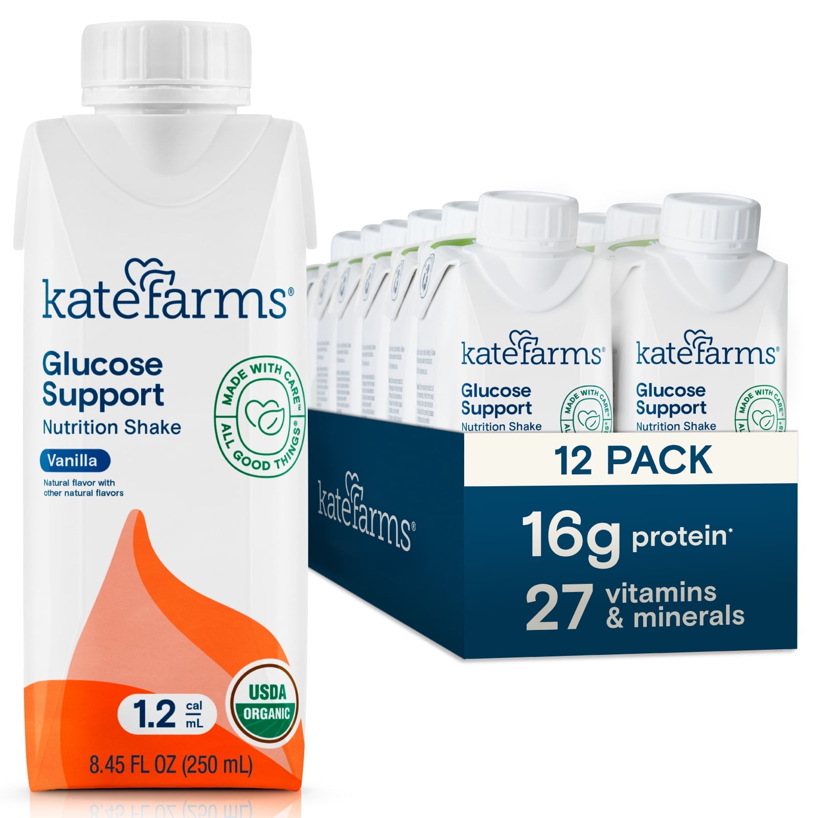 KATE FARMS Organic 1.2 Glucose Support Shake, Vanilla, 16g Protein, Diabetic Nutrition Meal Replacement, 8.45 oz (12 Pack)