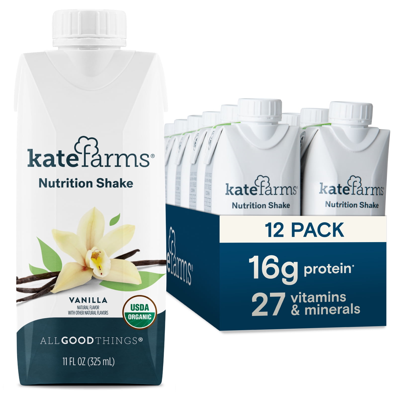 Kate Farms Organic Vegan Nutrition Shake, Vanilla, 16g of protein, 27