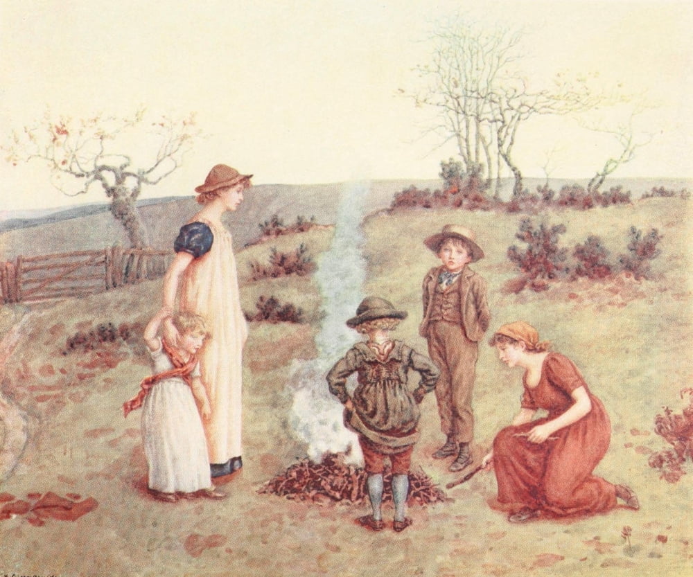 Kate Greenaway 1905 The Stick Fire Canvas Art - Kate Greenaway (24 x 36)