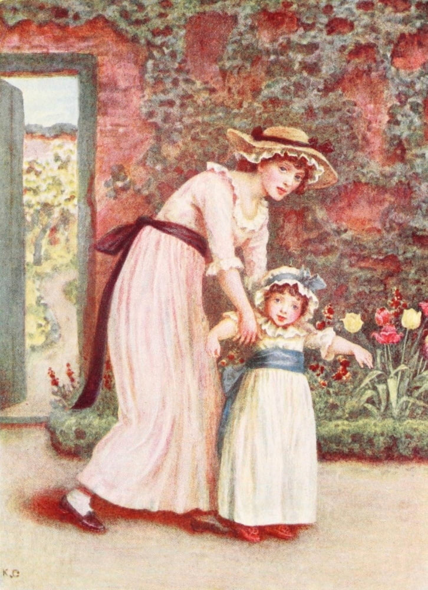 Kate Greenaway 1905 Two girls in a garden Canvas Art - Kate Greenaway (18 x 24)