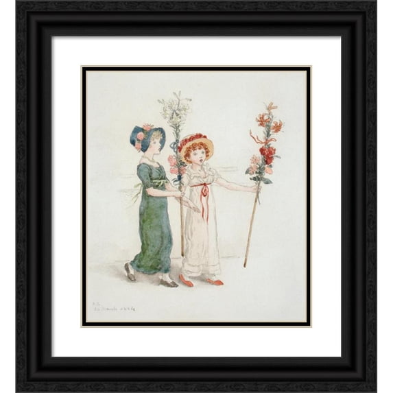 Kate Greenaway 20x22 Black Ornate Framed Double Matted Museum Art Print Titled: Two Children with Staffs (1884)