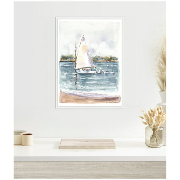 Kate and Laurel 2 Maryanne Welch Chatham Fog Sailboat Framed Canvas Wall Art by Patricia Shaw 18 x 24 Sylvie White, Coastal, Beach, Landscapes Art for Wall Decor, Living Room Bedroom