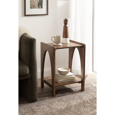 Kate and Laurel Aarstad Modern Rectangle Mango Wood Side Table, 16 x 14 x 22, Walnut Brown, Mid-Century Arched Two-Tier End Table for Use as a Bedroom Nightstand or Living Room Plant Stand