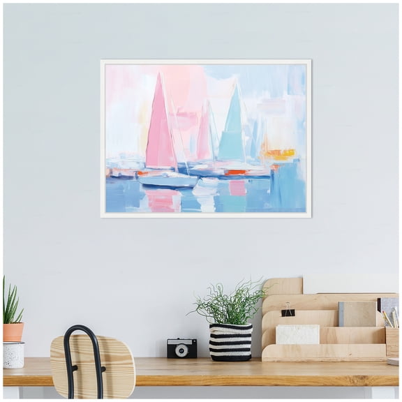 Kate and Laurel Abstract Sailboat Harbor Landscape Pastel and Pops of Color Framed Canvas Wall Art by The Creative Bunch Studio 24 x 18 Sylvie White, Coastal, Abstract, Beach Art for Wall Decor,