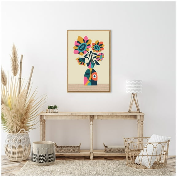 Kate and Laurel Abstract Vintage Retro Sunflower Vase Framed Canvas Wall Art  by Rachel Lee 23 x 33 Sylvie Natural, Vintage, Abstract, Flowers Art for Wall Decor, Living Room Bedroom