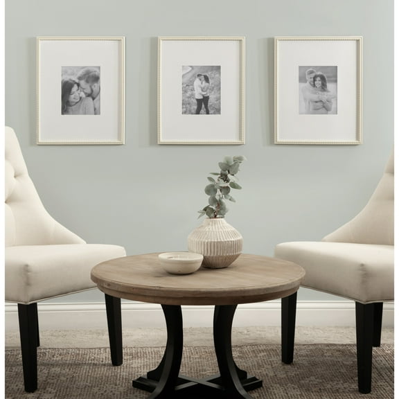 Kate and Laurel Adlynn Coastal Rectangle Beaded Picture Frame Set of 3, 16 x 20 matted to 8 x 10, White, Modern Three-Piece Photo Frame Set for Gallery Wall Decor in Living Room Wall Display