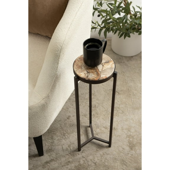 Kate and Laurel Aguilar Modern Drink Table, 9 x 9 x 23, Petrified Wood and Bronze, Unique Round Wood Mini Table for Use as Bathroom Accent Table or Pedestal Martini Table