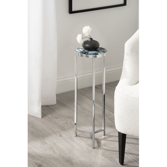 Kate and Laurel Aguilar Modern Round Drink Table, 9 x 9 x 23, Blue and Silver, Small Accent Table for Use as Plant Pedestal Stand with Agate Stone Tabletop