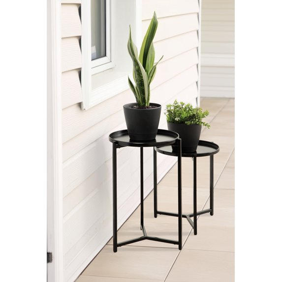 Kate and Laurel Aguilar Modern Round Plant Stand Set, Set of 2, Black, Transitional Two-Piece Accent Table Set for Use as Indoor or Outdoor Plant Risers