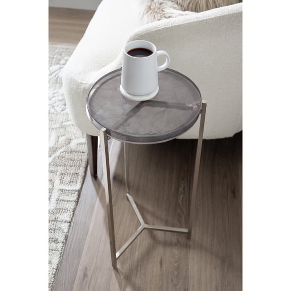Kate and Laurel Aguilar Modern Round Side Table, 13 x 13 x 24, Gray Glass and Silver, Textured Circle Glass End Table for Use as Living Room Accent Table or Unique Bedroom Nightstand