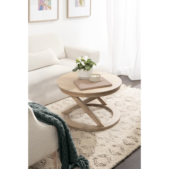 Kate and Laurel Aja Bohemian Round Mango Wood Coffee Table, 26 inch Diameter, Light Natural, Decorative Geometric Modern Coffee Table for Hosting, Storage, and Living Room Decor