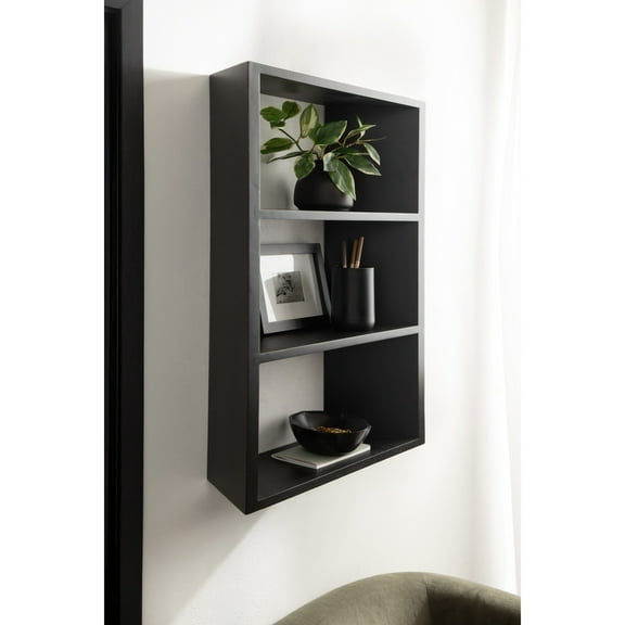 Kate and Laurel Akita Modern Angled Three-Tier Wall Shelf, 20 x 6 x 26, Black, Decorative Over the Toilet Shelf for Use as Bathroom Storage or Living Room Display Shelving