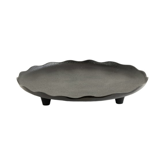 Kate and Laurel Alessia Modern Decorative Scalloped Round Footed Metal Tray, 16 Inch Diameter, Black, Transitional Food-Safe Cast Aluminum Pedestal Tray with Rough Texture and Deckled Edge