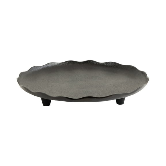Kate and Laurel Alessia Modern Decorative Scalloped Round Footed Metal Tray, 16 Inch Diameter, Black, Transitional Food-Safe Cast Aluminum Pedestal Tray with Rough Texture and Deckled Edge