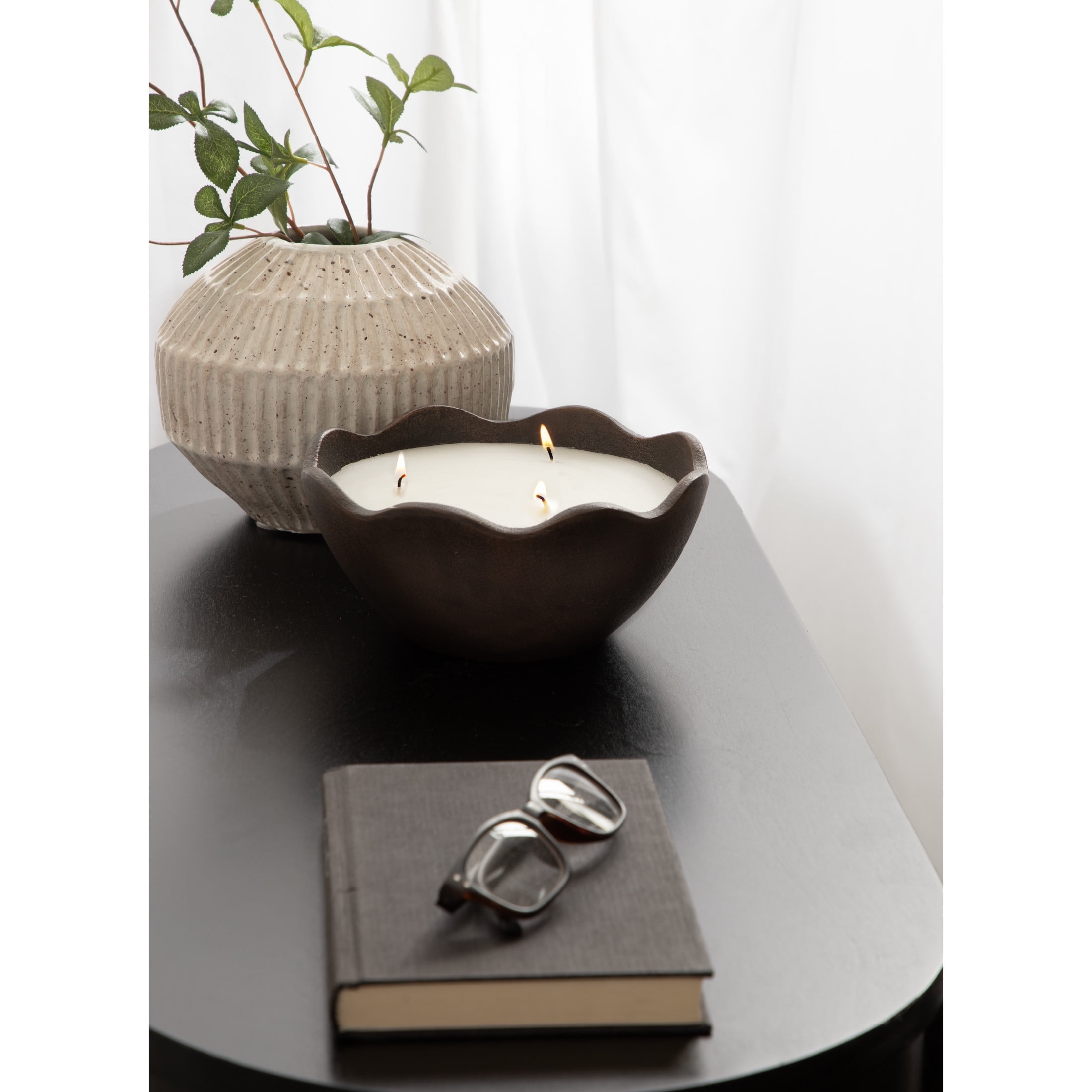 Kate and Laurel Alessia Scalloped Round Metal Candle Bowl, 8 Inch Diameter, Bronze, Modern Three-Wick Unscented Candle with Decorative Bowl for Living Room Decor